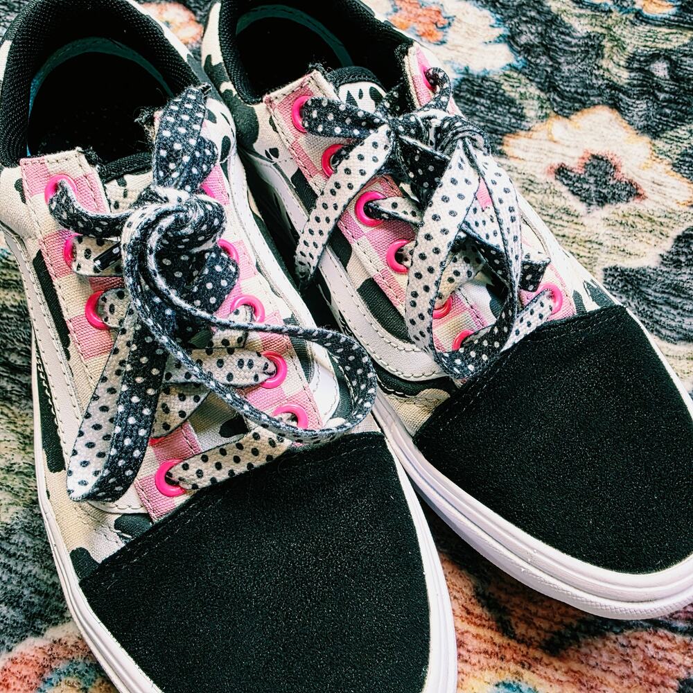 Vans Old Skool ComfyCush Customs Cow Print Pink Checkerboard Sneakers Size 7 - Picture 3 of 13